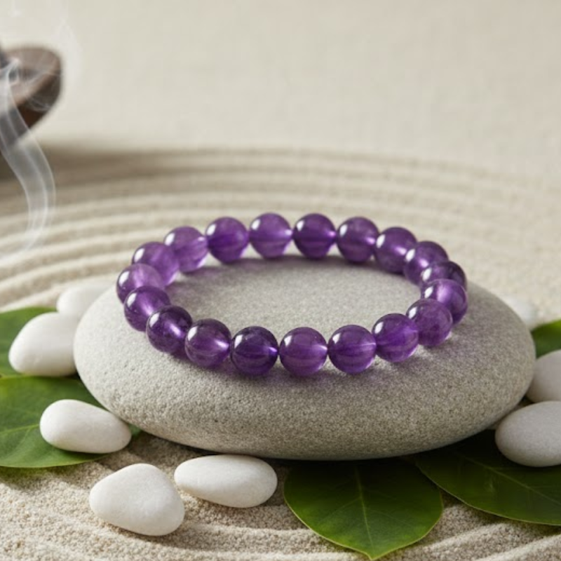 Bracelet en pierres d'Améthyste 8mm pour la sérénité et la protection spirituelle.