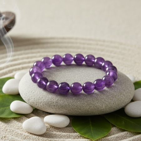Bracelet en pierres d'Améthyste 8mm pour la sérénité et la protection spirituelle.