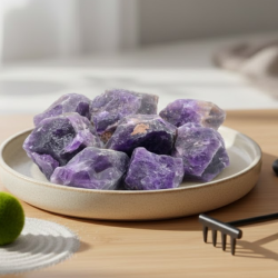 Pierres d'Améthyste brutes, dans une assiette, sur bois clair, magnétisées par une Maître Reiki.