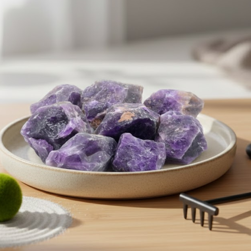 Pierres d'Améthyste brutes, dans une assiette, sur bois clair, magnétisées par une Maître Reiki.
