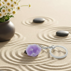 Porte-clé artisanal avec une pierre d'Améthyste brute naturelle violette.