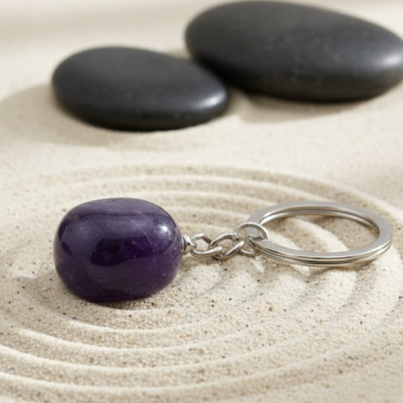 Porte-clé galet d'améthyste naturelle sur un fond zen de sable et galets noirs.