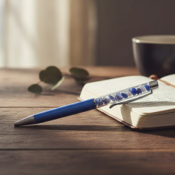 Stylo élégant contenant des éclats d'Agate Bleue naturelle magnétisée pour une expression fluide et sereine.