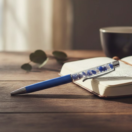 Stylo élégant contenant des éclats d'Agate Bleue naturelle magnétisée pour une expression fluide et sereine.