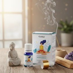 Synergie d'huiles essentielles Méditation Goloka - 10ml avec pipette et accessoires zen.