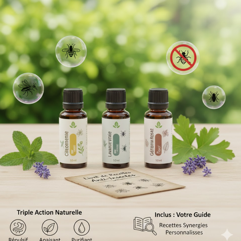 Kit naturel contre les moustiques, guêpes et tiques incluant 3 huiles essentielles et un livret de recettes de synergies.