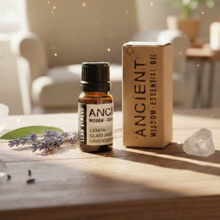 Flacon et étui Less Stress Ancient Wisdom : un mélange apaisant de Citron, Sauge Sclarée et Lavande.