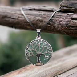 Pendentif Arbre de Vie argenté avec cabochon en aventurine verte naturelle, magnétisé pour votre équilibre