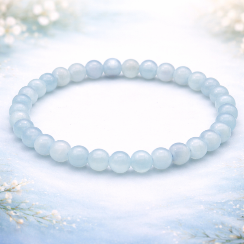 Bracelet en Aigue-Marine naturelle de Madagascar (6 mm), magnétisé pour l'harmonie émotionnelle