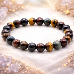 Bracelet ajustable Triple Protection 8mm en Œil de Tigre, Faucon et Taureau - Pierres d'Afrique du Sud magnétisées.