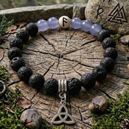 Bracelet sacré Ansuz : Aigue-Marine, Pierre de Lave et Rune pyrogravée à la main sur bois.