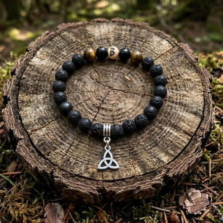Bracelet sacré Berkano : Jaspe Rouge, Obsidienne, Pierre de Lave et bois pyrogravé à la main.