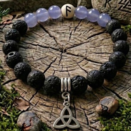 Bracelet sacré Ansuz : Aigue-Marine, Pierre de Lave et Rune pyrogravée à la main sur bois.