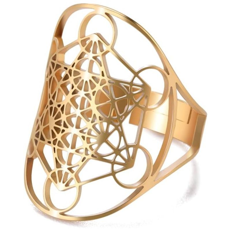 Bague spirituelle ajustable en acier inoxydable gravée du Cube de Métatron, finition dorée
