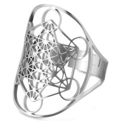 Bague spirituelle ajustable en acier inoxydable gravée du Cube de Métatron, finition argentée