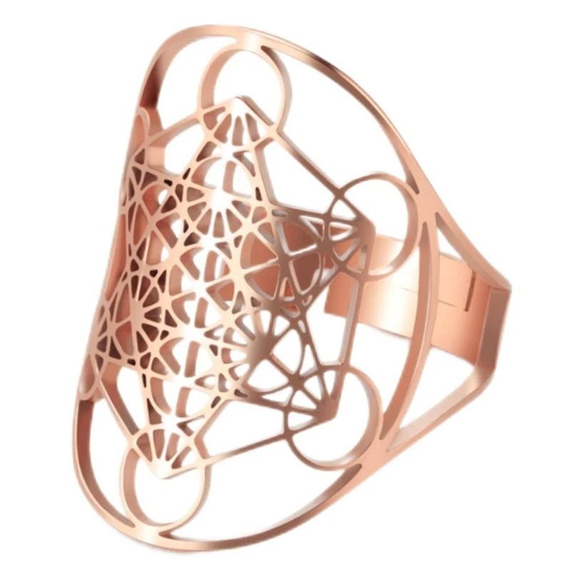 Bague spirituelle ajustable en acier inoxydable gravée du Cube de Métatron, finition acier rosé