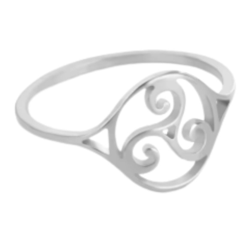 Petite bague fine en acier inoxydable avec motif Triskel ajouré, bijou spirituel ajustable argenté.