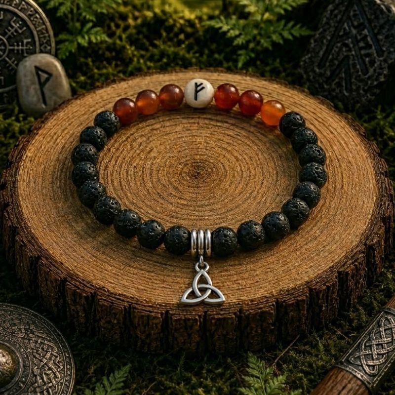 Bracelet runique Fehu en Pierre de Lave et Cornaline - Abondance et Richesse