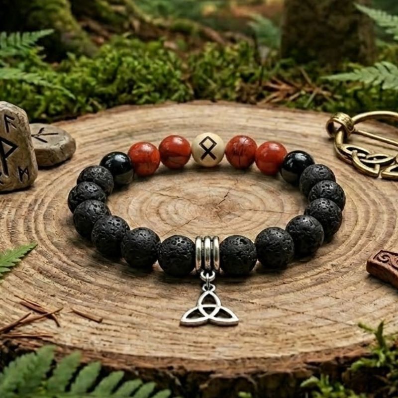 Bracelet runique Othalaz en Pierre de Lave, Jaspe Rouge et Obsidienne - Foyer et Héritage