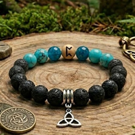 Bracelet runique Perthro en Pierre de Lave, Apatite et Turquoise - Intuition et Destinée