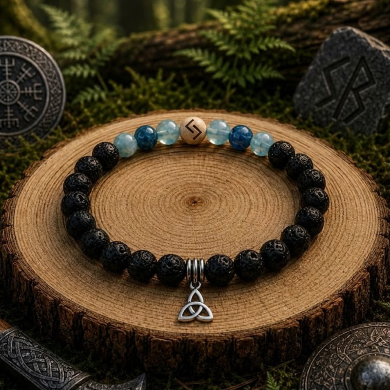 Bracelet runique Viking Jera en Pierre de Lave, Calcédoine, Aigue-Marine et Apatite - Récolte et Succès