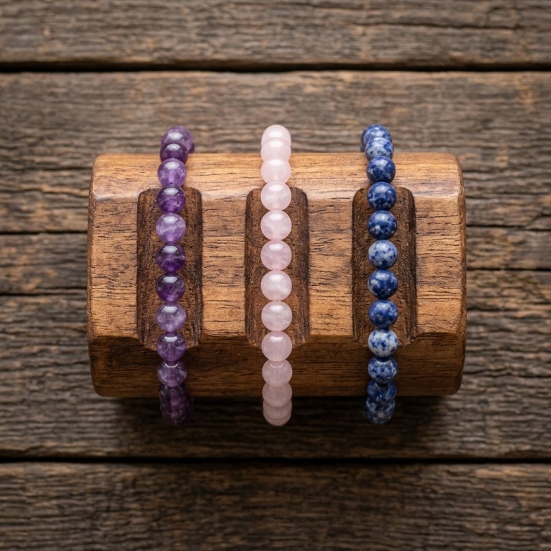 Exemples de bracelets Sommeil Réparateur 6 mm en améthyste, quartz rose, sodalite, une seule pierre